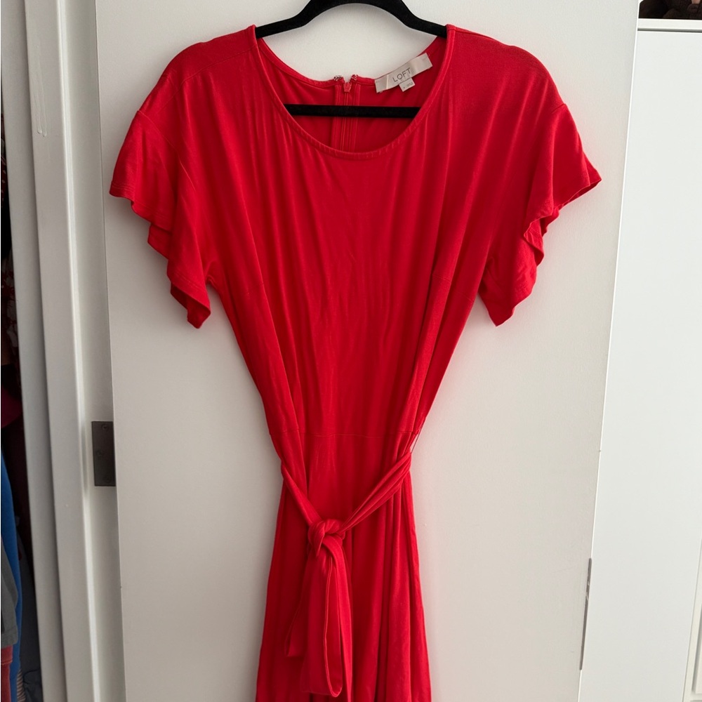 Loft Red Dress with Ruffles and Tie Bow